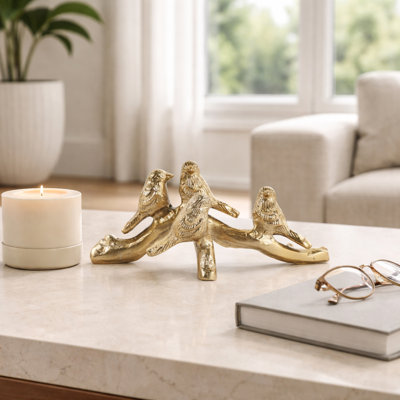 Bird Figurine Sculpture on Branch for Home Decor - Nature-Inspired Decorative Objects for Living Room Decorations - 9.5", Gold