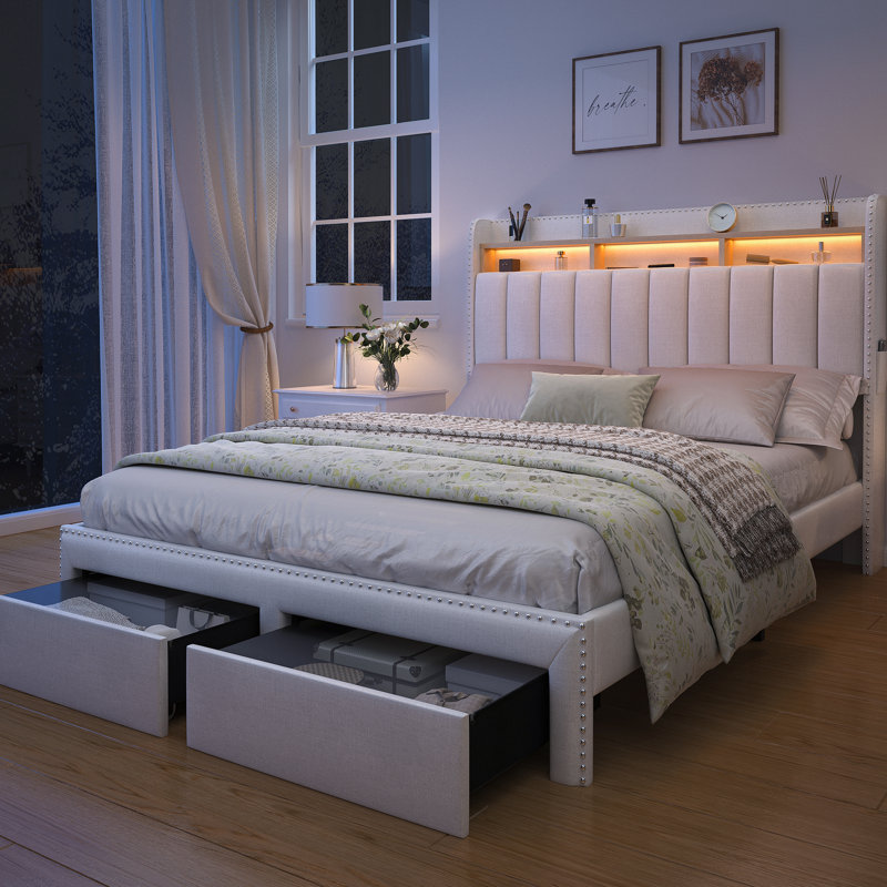 LED Bed Frame with 2 Drawers Pockets and Upholstered Wingback Headboard, King, Gray