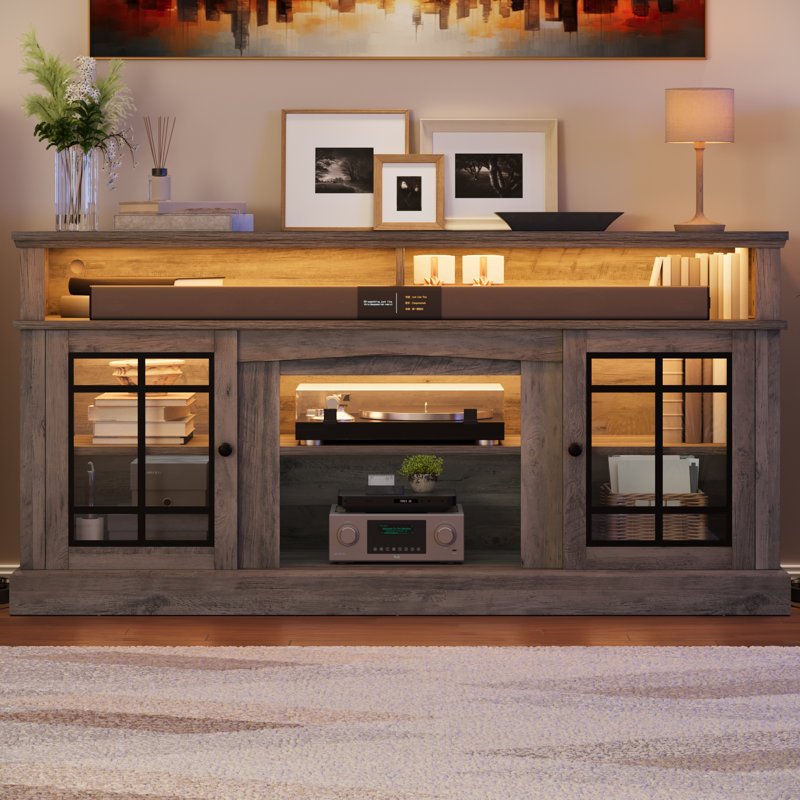  65"W LED TV Stand, Farmhouse Entertainment Center With Adjustable Shelves And Glass Doors, Gray