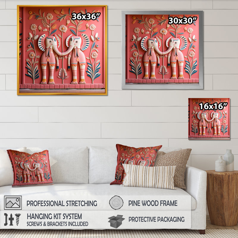 Art indien, éléphants de Jaipur 1 - Art mural indien, H 36 po x l 36 po x P 1,5 po, Cadre flottant doré