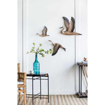 De 3 décorations murales d'oiseaux en mouvement - Oies finement sculptées dans des teintes brunes, pour la maison, le bureau, la chambre à coucher, la salle à manger, pin