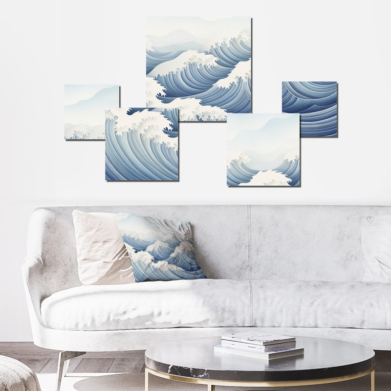 Harmonious Blue Waves Tides - Ensemble d'art mural carré géométrique de 5