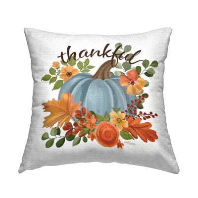 Autumnal Thankful Pumpkin Printed Outdoor Throw Pillow Design by Cat Thurman Designs