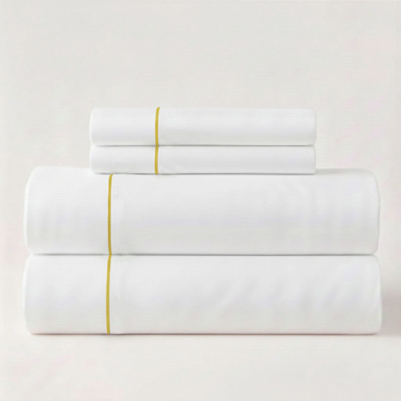 400TC Single Embroidery Sateen Solid Cotton 4 Piece Sheet Set Fitted Sheet Fits Upto 16" Deep Pocket, White/Gold