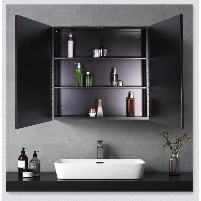 Armoire à pharmacie 26 po x 30 po à fixation murale ou encastrée en métal noir avec miroir