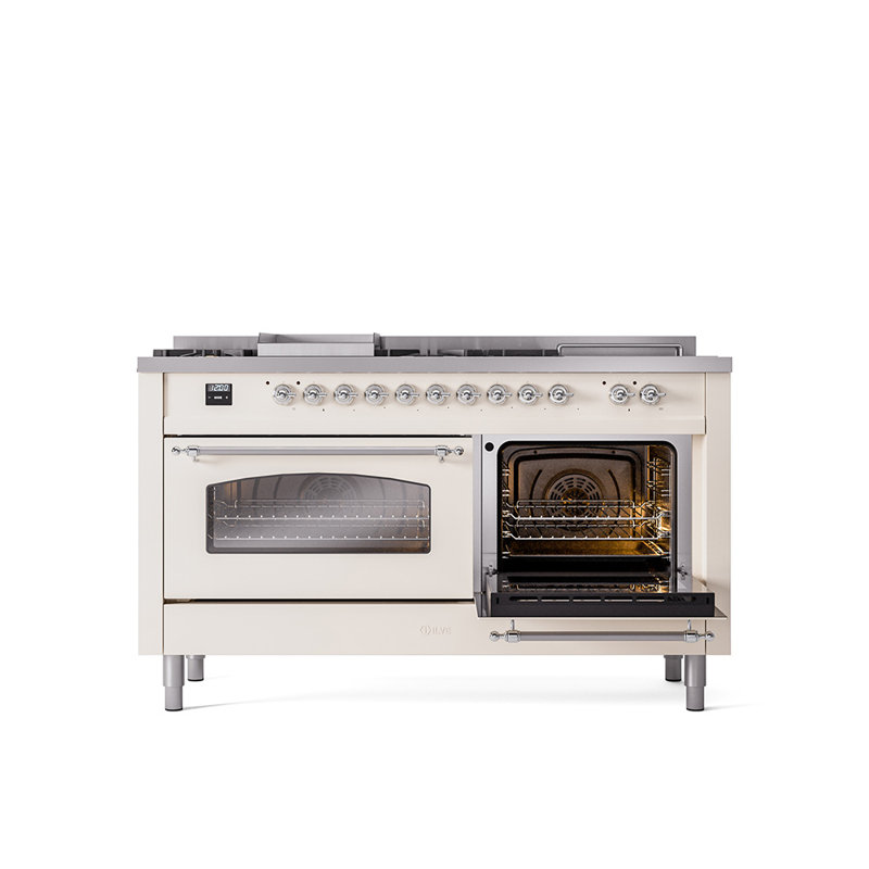 ILVE Nostalgie II 60 Dual Fuel Range, 5 Burners, Griddle, Frenchtop , Antique White/Chrome, Natural Gas