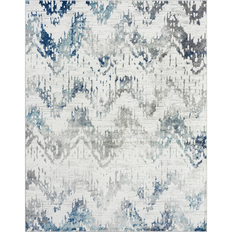 Chevron Cream Blue Gray Area Rug, Rectangle 7'11" x 10'3"