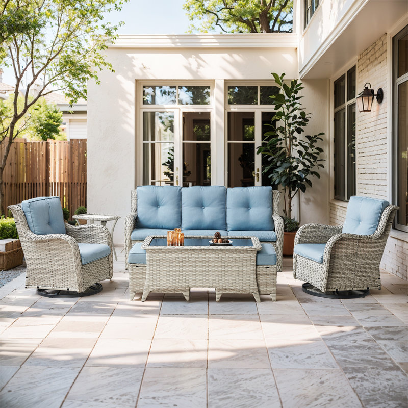 Schutt Erbin 7 - Pieces Seating Group with Cushions and Ottomans, Baby Blue