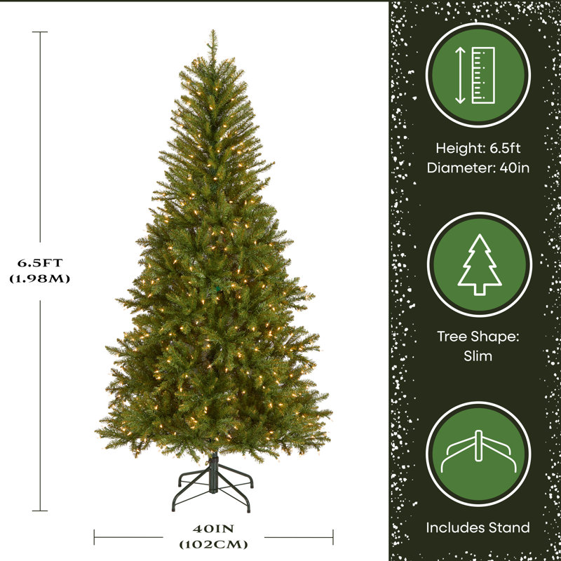 Dunhill Slim 6.5' Green Fir Artificial Christmas Tree with 350 Clear Lights with Stand, 6.5', Clear/White