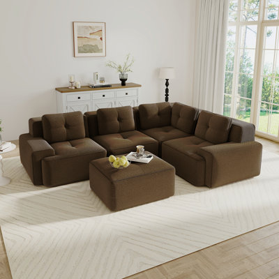 Canapé modulaire moderne à 4 places, canapé d'angle en V, tissu velours côtelé, siège profond pour le salon, repose-pieds mobile, passepoil perlé, conception capitonnée, sans assemblage, conception antidérapante, brun