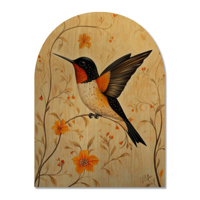 Décoration murale en bois arquée « Colibri de jardin folklorique » - Oiseaux couleur crème