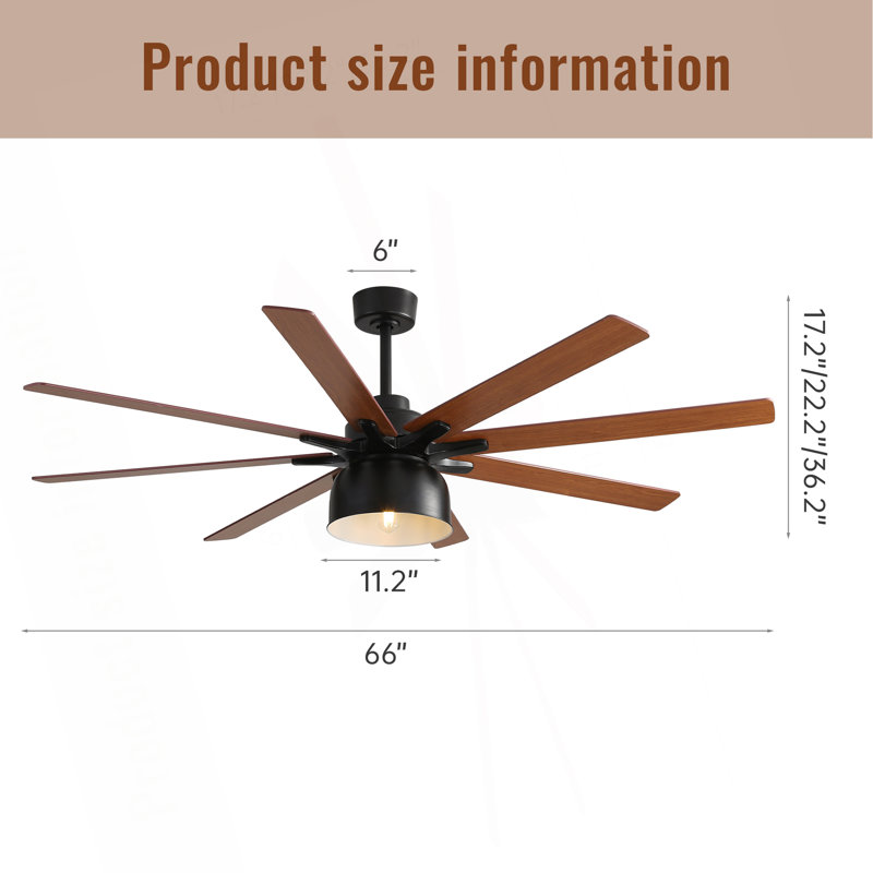 Ventilateur de plafond 66 pouces avec moteur à courant continu réversible à 6 vitesses et 8 pales