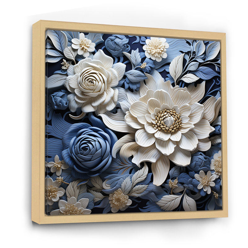 «Blue and White Seasonal Flowers Collage I», reproduction sur toile, Cadre naturel flottant, H 24 po x l 24 po x P 1 po