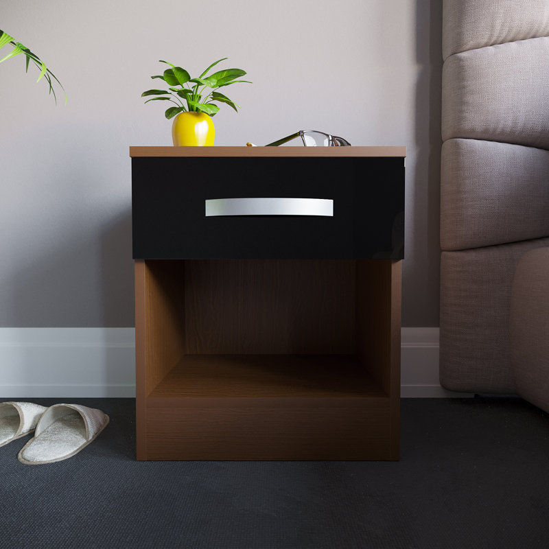 Arkadij High Gloss 1 Drawer Manufactured Wood Bedside Table, Modern Bedroom Cabinet, Black/Walnut