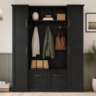 Farmhouse Elegant Hall Tree with 4 Side Cabinets, All-in-One Mudroom Furniture with Adjustable Shelves & Open Cubbies, Beadboard Entryway Bench with Coat Rack & 5 Hooks for Hallway