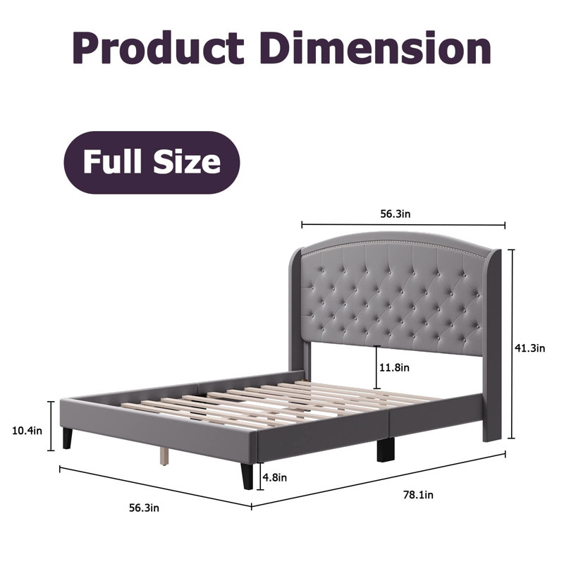King Size Bed Frame, Velvet Upholstered Platform Bed Frame With Button Tufted Headboard, Full, Gray