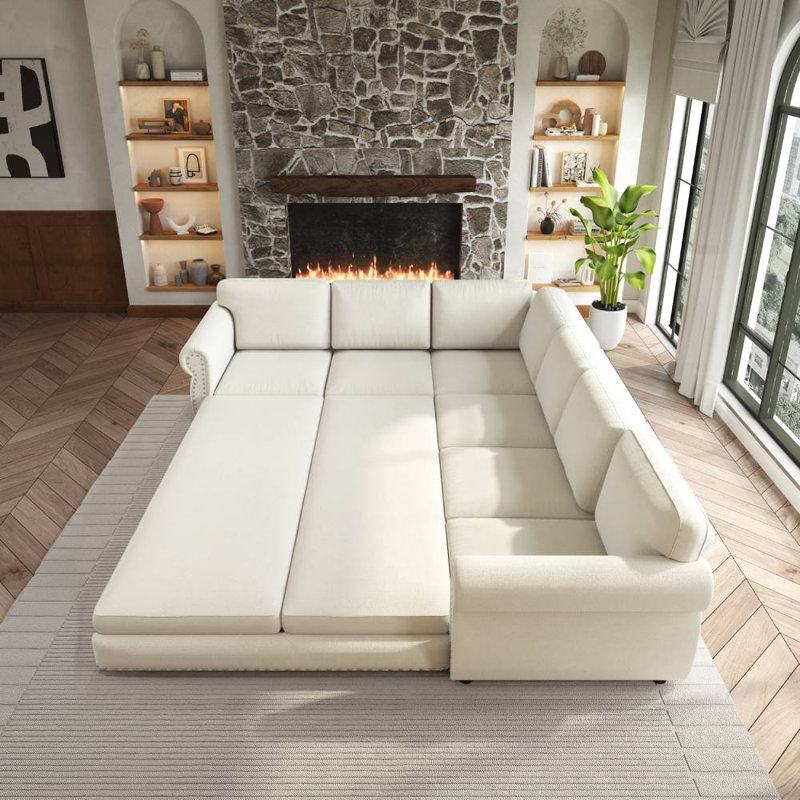 Canapé modulaire rembourré (beige, blanc), Beige, chenille blanche