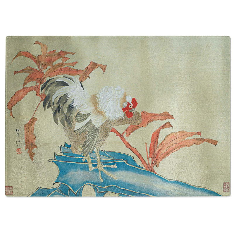Tempered Glass Rooster & Flowers Chopping Board, 39 cm W x 28.5 cm L