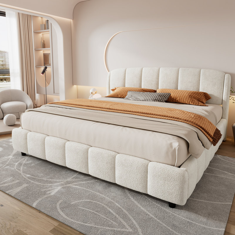Lit plateforme avec tête de lit Boucle, tête de lit courbée en tissu Soft Boucle