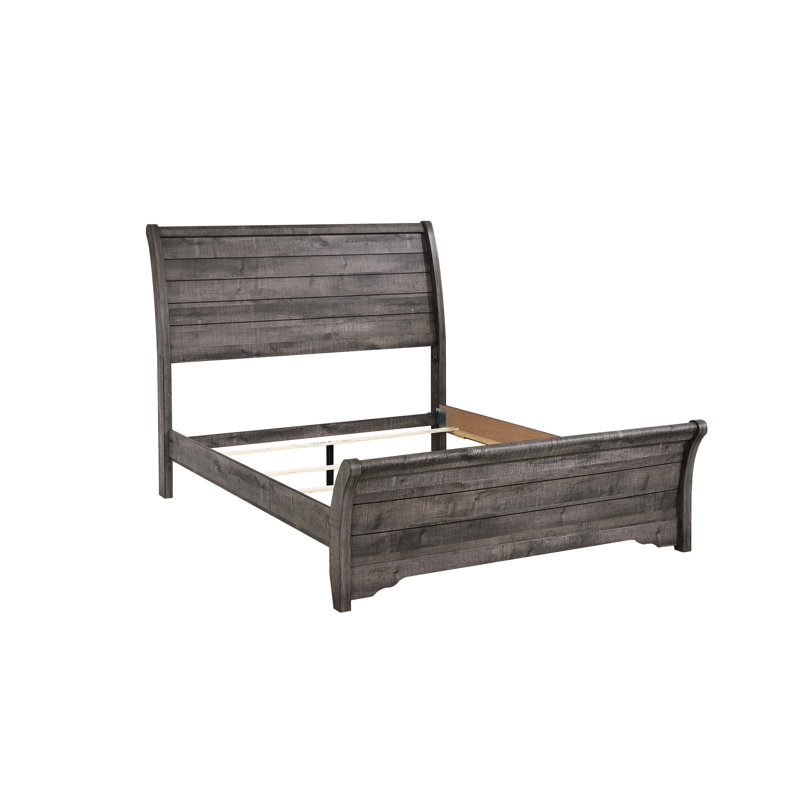 Grand lit gris de style contemporain, lignes horizontales sur la tête de lit, pieds de support, cadre en bois pour la chambre à coucher, sommier requis, finition à installation rapide avec nécessaire, simple