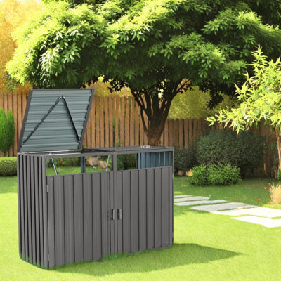 Metal Outdoor Garbage Shed for 2 Trash Cans, Galvanized Steel Storage Cabinet