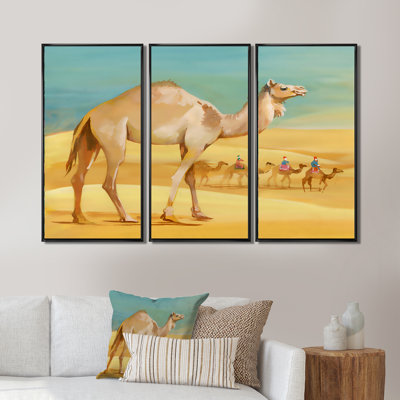 Camels in Desert - 3 pièces, reproduction sur cadre flottant sur toile