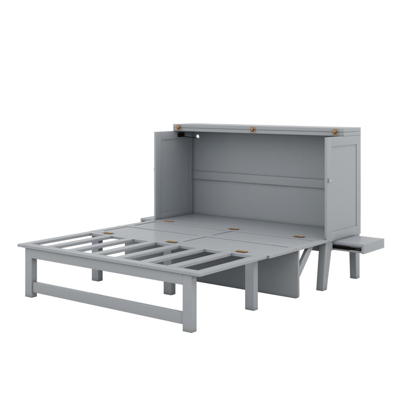 Lit escamotable avec port USB et tablettes amovibles de chaque côté, Gris, Grand lit