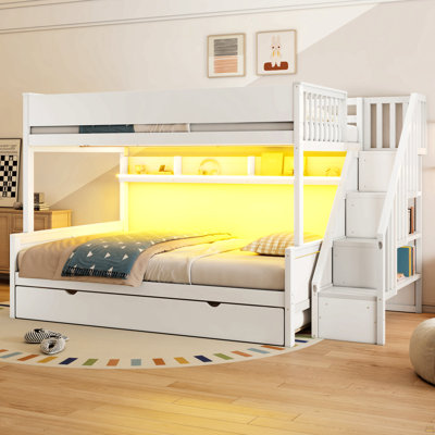 Full XL over Queen Bunk Bed with Storage Shelves and Staircase, Trundle and LED Light, White