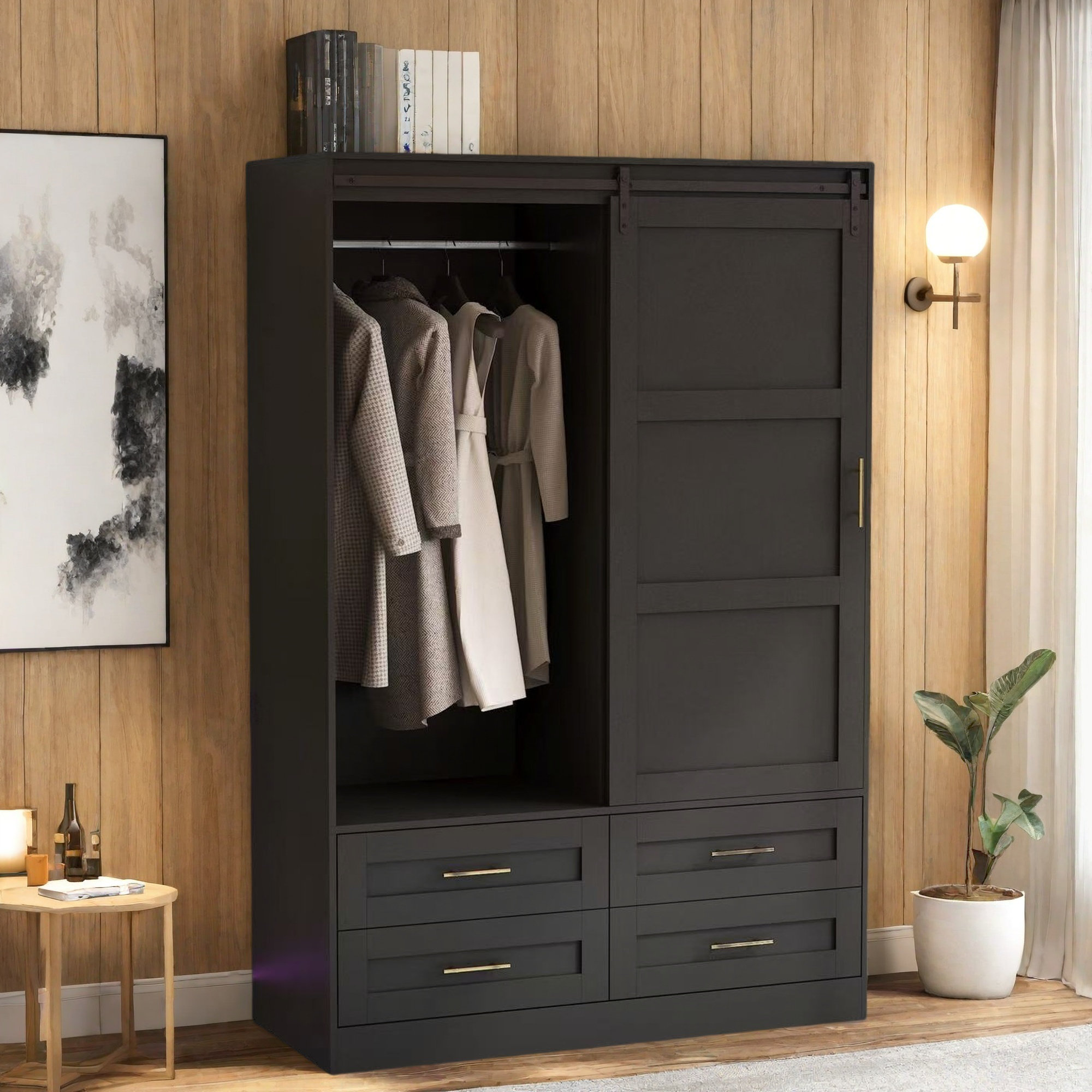 Gracie Oaks Tall Bedroom Armoire Wardrobe With Hanging Rod, Barn Door