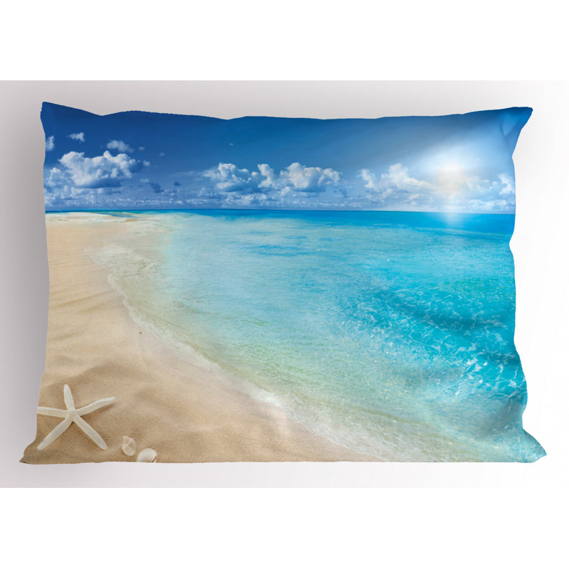 Aqua Cream Polyester Beach Scene Standard Pillow Sham