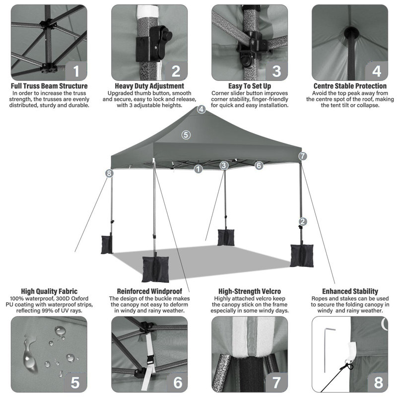 10 x 10 imperméable, stable et résistant à l'hiver avec paroi latérale et sac de sable, Gris