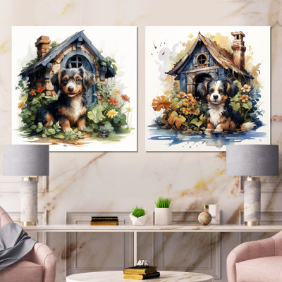 Ensemble de 2 décorations murales Puppy Doghouse Blooms I