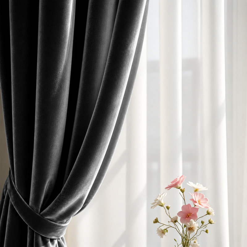 Pittsboro Crushed Velvet Eyelet Windows Panel Curtains, Single Panel 168cm Width x 213cm Drop, Charcoal