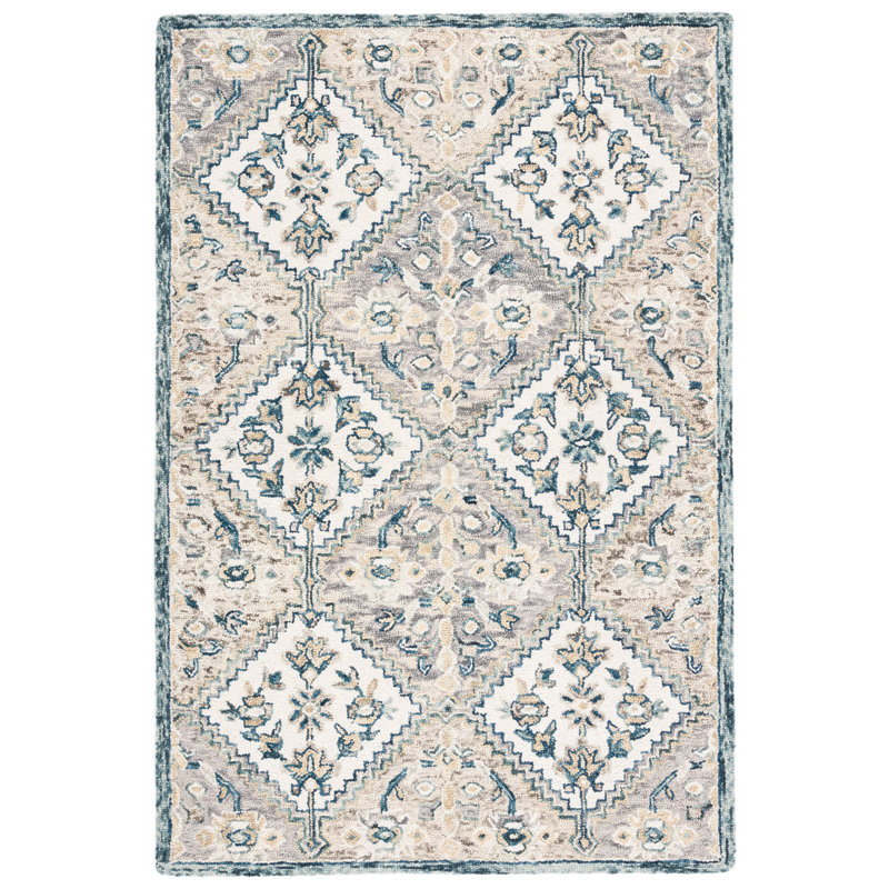 Tapis blanc / bleu en laine / coton touffeté à la main Linh, Rectangle 5 pi x 8 pi