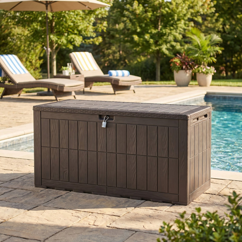 Edrosie Inc 130 Gallons Water Resistant Resin Deck Box with Combination Lock,Brown, Brown