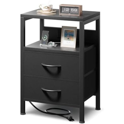 Table de chevet de chevet pour chambre à coucher - table de chevet avec station de chargement, table de chevet moderne avec tablette ouverte et 2 tiroirs en tissu, table de chevet avec port USB-C pour dortoir, noir