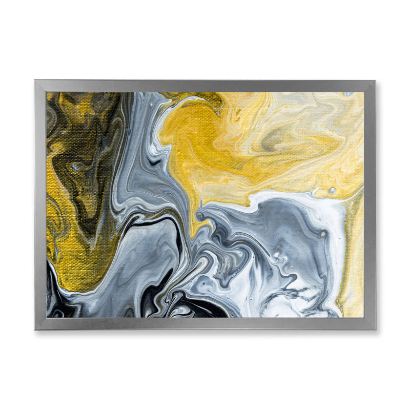 Noir noir, blanc et marbre abstrait II - peinture sur toile, H 12 po x l 20 po, Cadre photo argenté