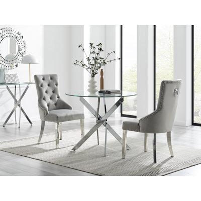 Tierra Modern Chrome Metal & Glass Round Dining Table Set with 2 Luxury Button Velvet Chairs