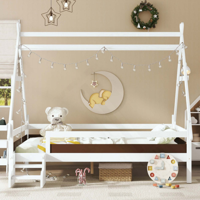 Lit plateforme House avec escalier, structure de lit en bois massif, profil bas et conception amusante pour enfants