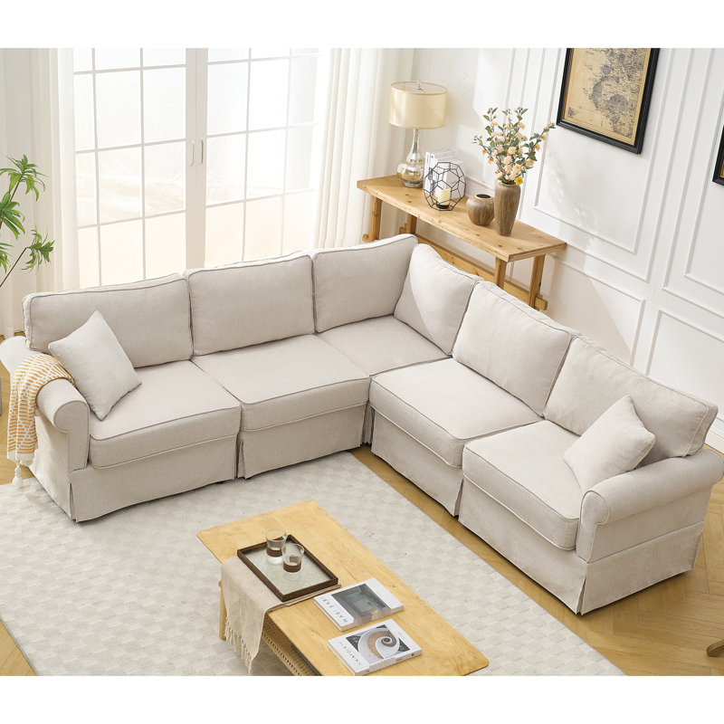 Canapé d'angle convertible 5 places en forme de L, revêtement beige en tissu doux et gain de place, convertible et confortable, revêtu de lin.