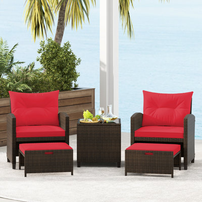 5 Pcs Patio Rattan Furniture With 2 Wicker Ottomans & Tempered Glass Coffee Table by Red Barrel Studio