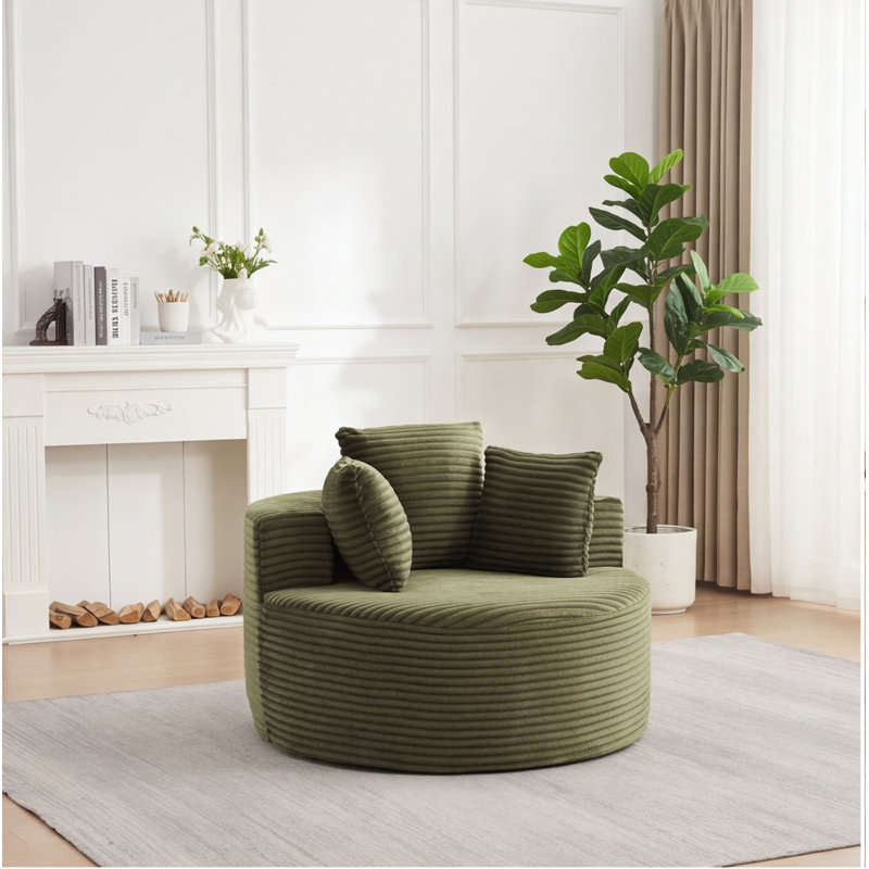 Canapé rond vert en velours côtelé de 43 pouces avec 3 coussins, fauteuil confortable pour la chambre à coucher, le salon et la salle de jeux