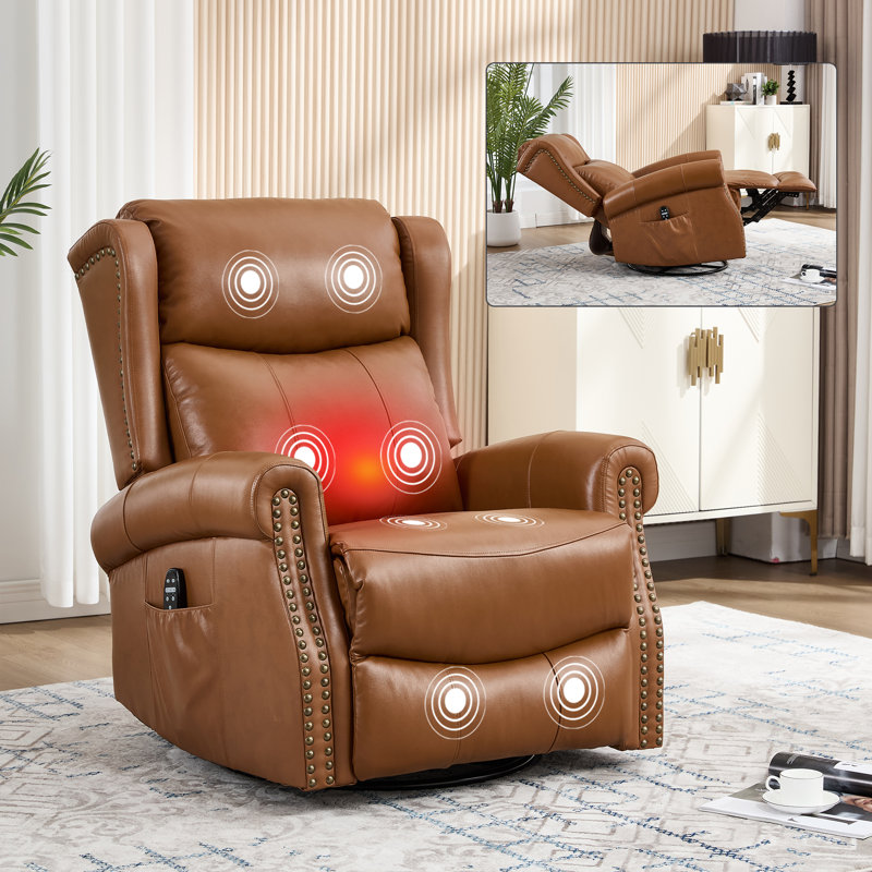 RoomfittersLeather Manual Swivel Rocker Recliner Chair with Heat and Massage Glider Lounge Sofa for Living Room, Yellow-Brown