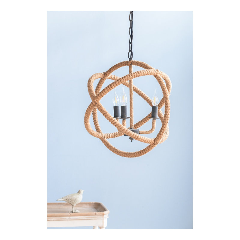Lustre campagnard à 3 lumières avec revêtement en chanvre, globe et luminaire suspendu