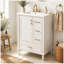 Meuble-lavabo moderne de 24 po avec lavabo en céramique, porte à fermeture douce, 3 tiroirs, poignées dorées et support de rangement-664287818