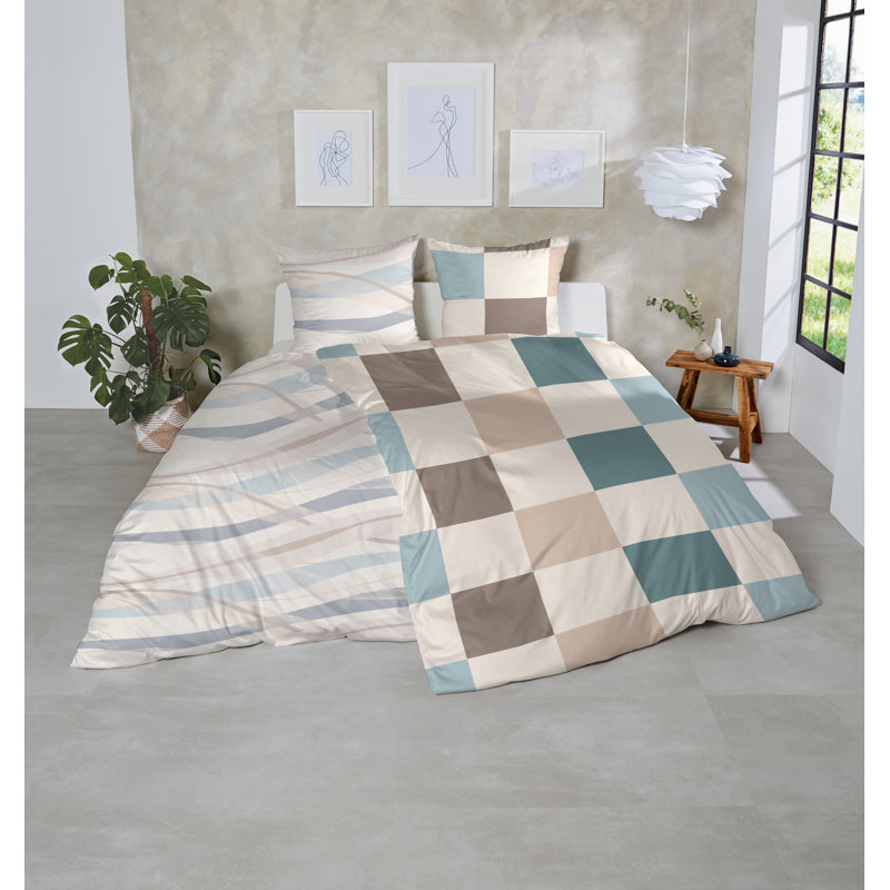 Clevland Cotton Geometric Shapes Duvet Cover Set with Pillow Shams Included, White/Grey/Blue