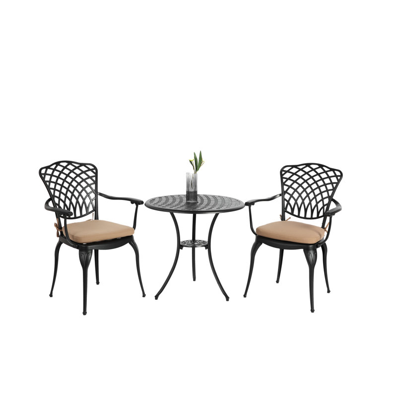 3 Piece Patio Bistro Set Cast Aluminum Bistro Table And Chairs Set Of 2 With Umbrella Hole, Black
