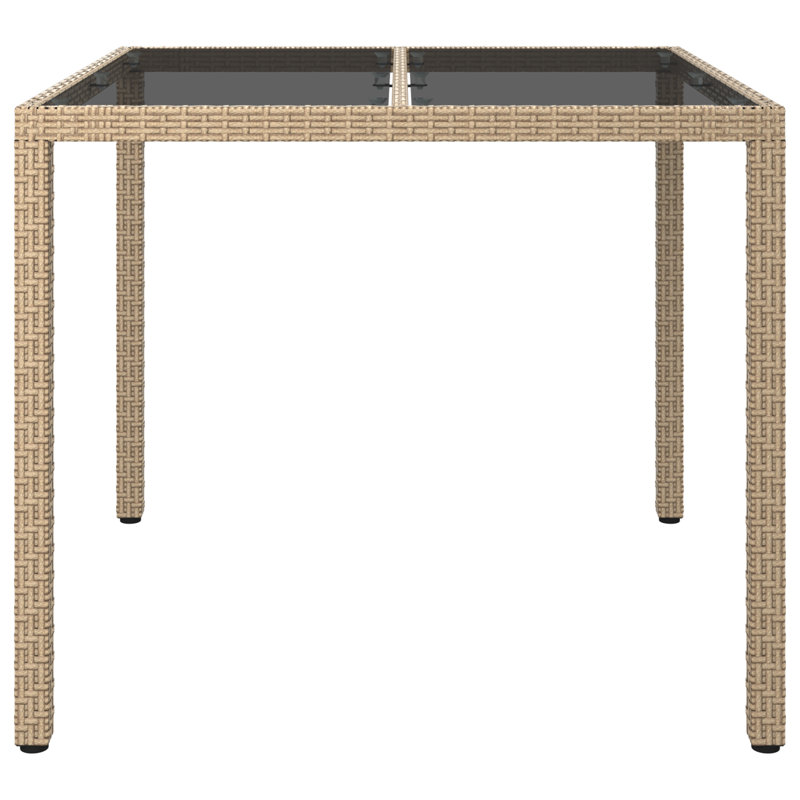 Garden Table Brown Tempered Glass&Poly Rattan Patio Table Multi Colours, Beige, 75.5cm H x 90cm W x 90cm D
