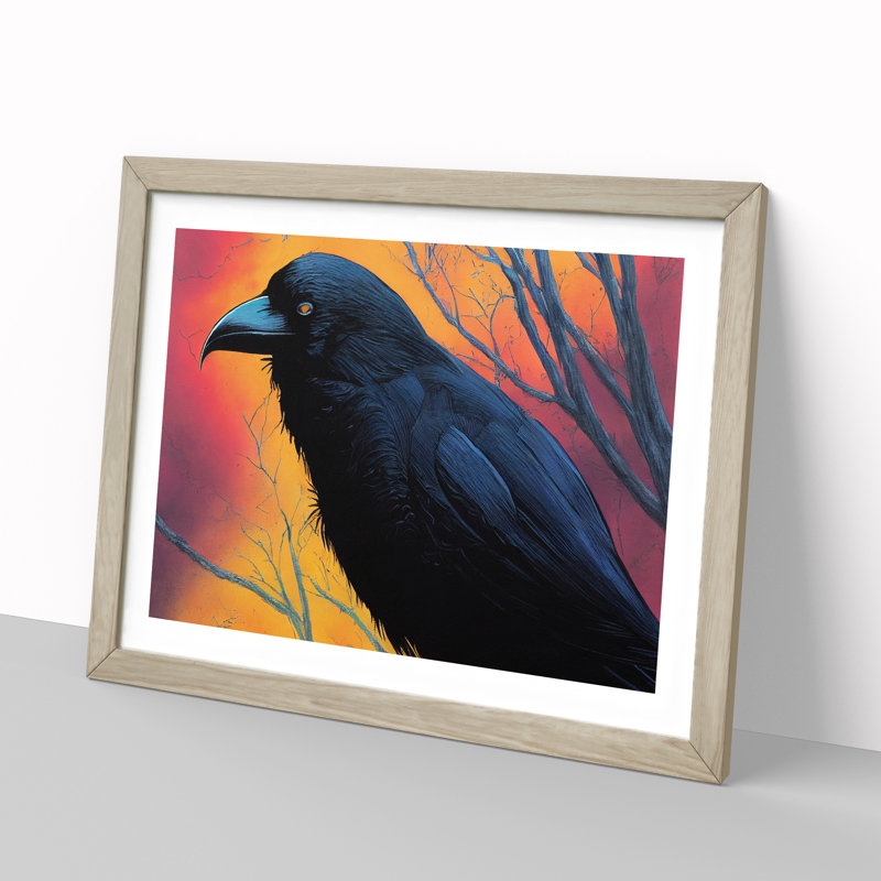 Beaming Raven Bird - Framed Print, 46cm H x 64cm W x 2cm D, Oak