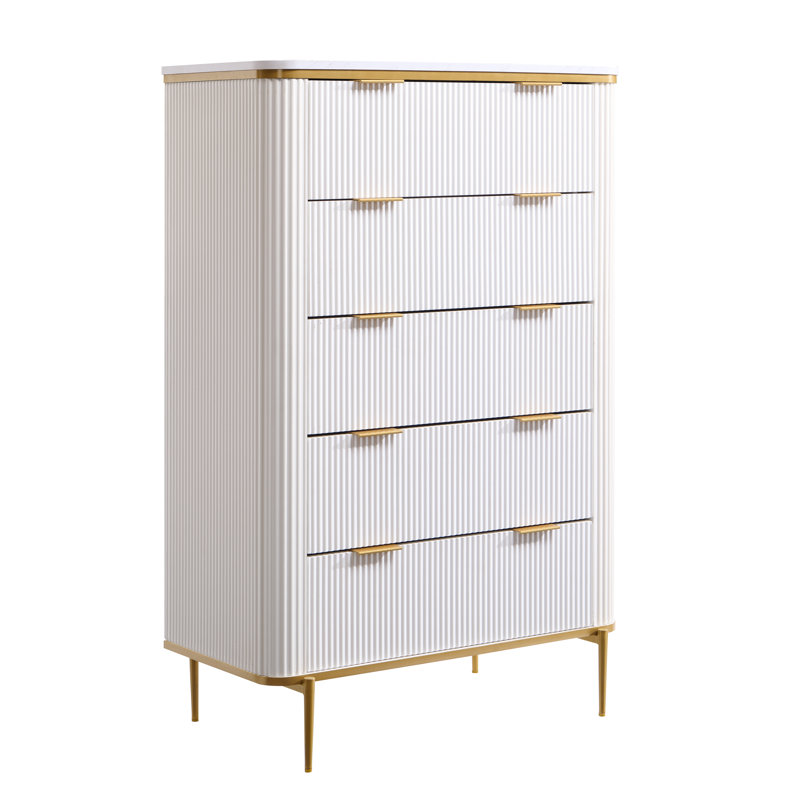 48" Tall Fluted 5 Drawers Dresser, Modern Chest Of Drawers With Metal Handle, White